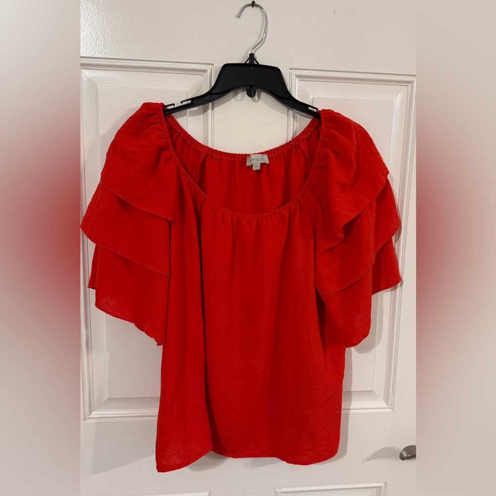 Red Ruffled Short Sleeve Blouse